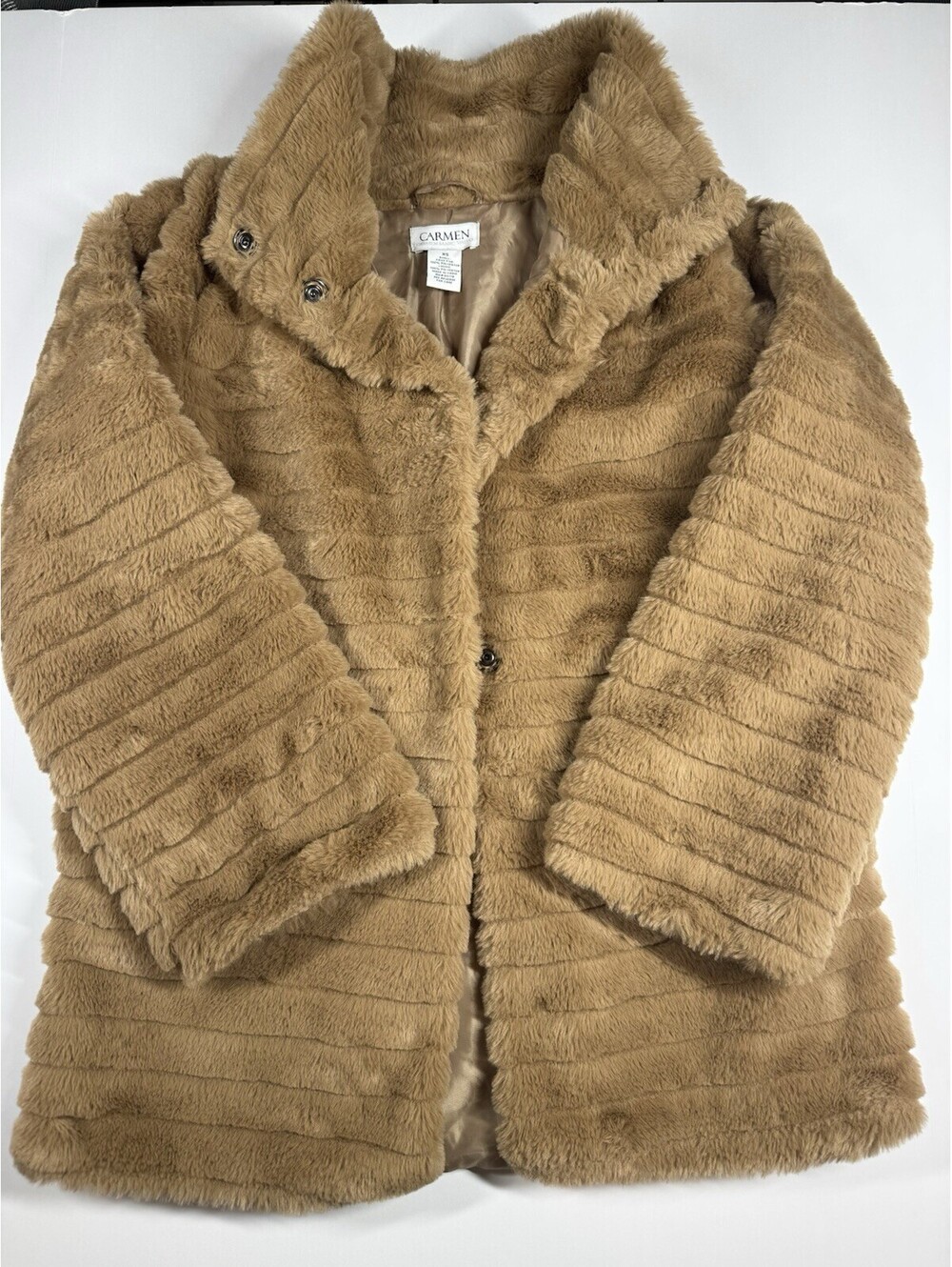 Carmen Marc Valvo Faux Fur Coat Womens XS Tan Plush Snap Front Stand Collar